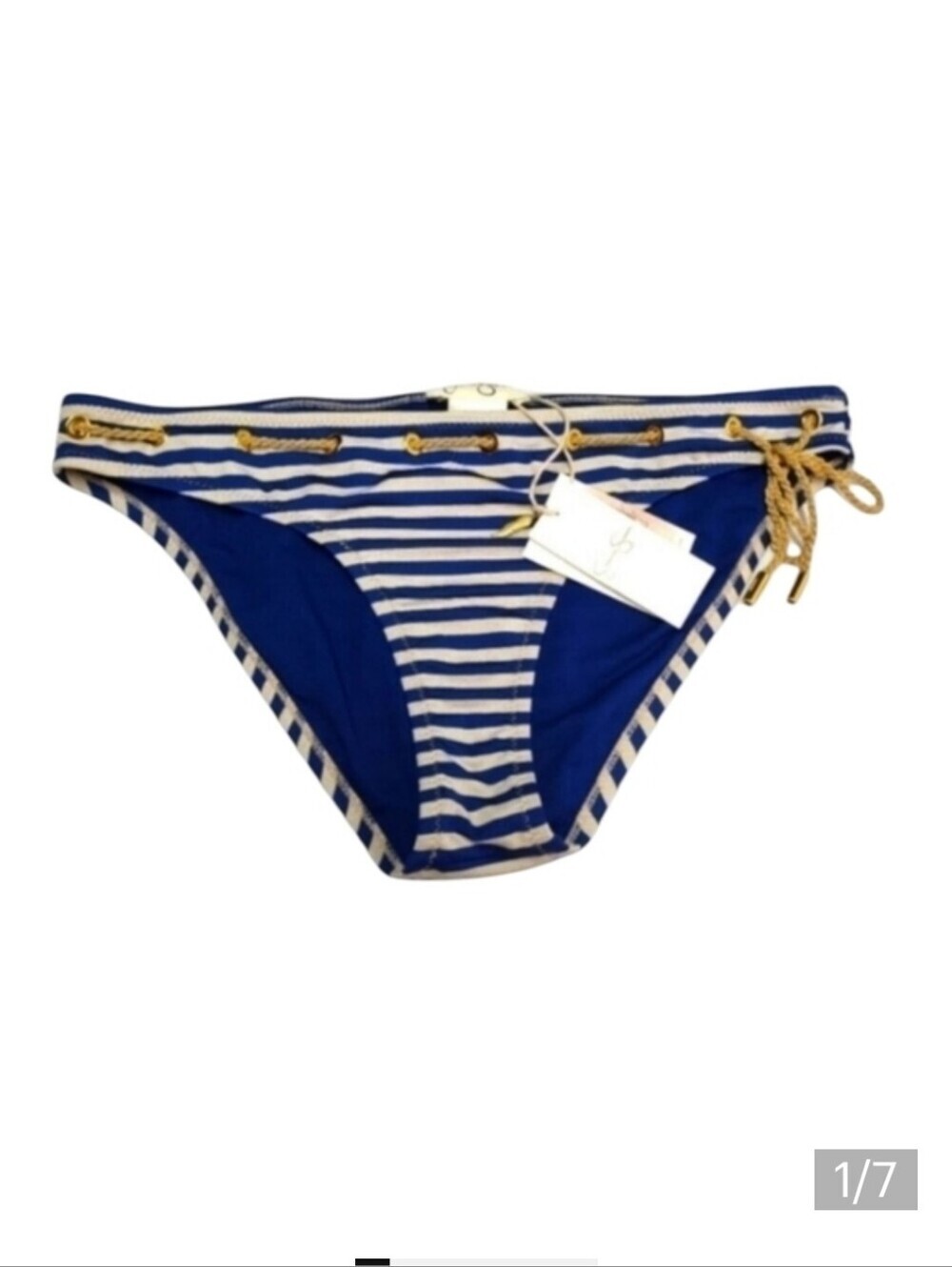 Jessica Simpson Women's Blue White Striped Hipster Swim Bikini Bottom Size L NWT
